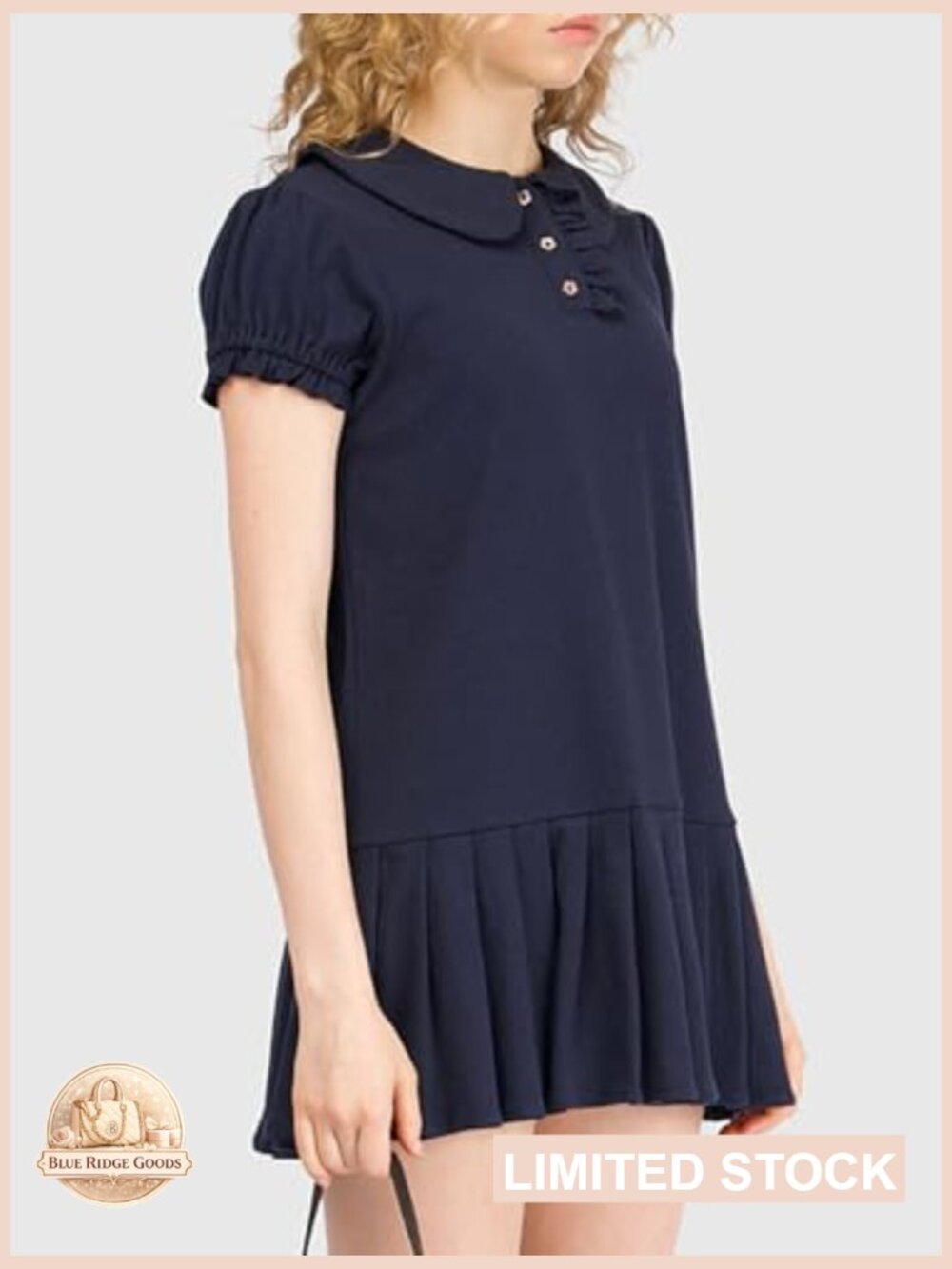 Puff Sleeve Pleated Mini Dress Peter Pan Collar Button Down A-Line Casual Summer - Picture 3 of 7